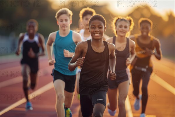 Pupils running on a synthetic running track, athletics, sports lessons, AI generated, AI generated, AI generated