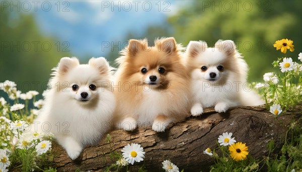 KI generated, animal, animals, mammal, mammals, dwarf spitz, Spitz, (Canis lupus familiaris), dog, dogs, bitch, Pomeranians, three puppies lying on a tree trunk, flower meadow