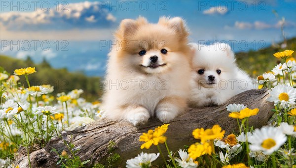 Ai generated, animal, animals, mammal, mammals, a, single animal, dwarf spitz, Spitz, (Canis lupus familiaris), dog, dogs, bitch, Pomeranians, a bitch and a puppy lying on a tree trunk in summer, flower meadow