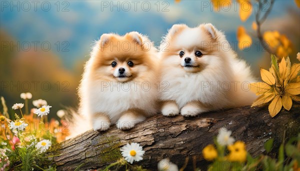 KI generated, animal, animals, mammal, mammals, one, single animal, dwarf spitz, Spitz, (Canis lupus familiaris), dog, dogs, bitch, Pomeranians, two cream-coloured puppies lying on a tree trunk, autumn, autumn leaves