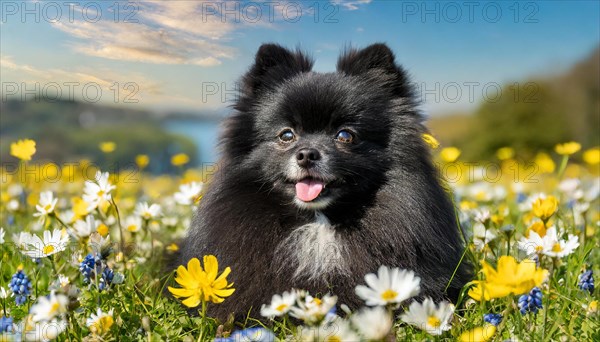 KI generated, animal, animals, mammal, mammals, one, single animal, dwarf spitz, Spitz, (Canis lupus familiaris), dog, dogs, bitch, Pomeranians, black puppy, flower meadow