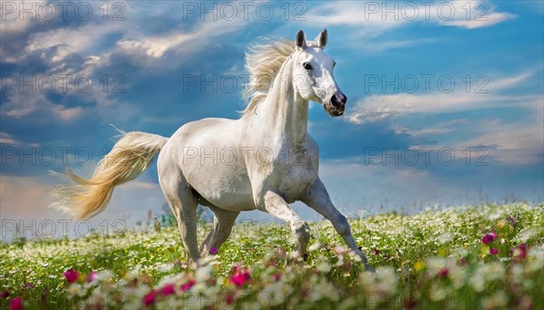 KI generated, A horse, horses, Arabian, in front of a blue sky, thoroughbred Arabian, AV, Arabian thoroughbred, (Eqqus ferus caballus), running in a meadow with colourful flowers