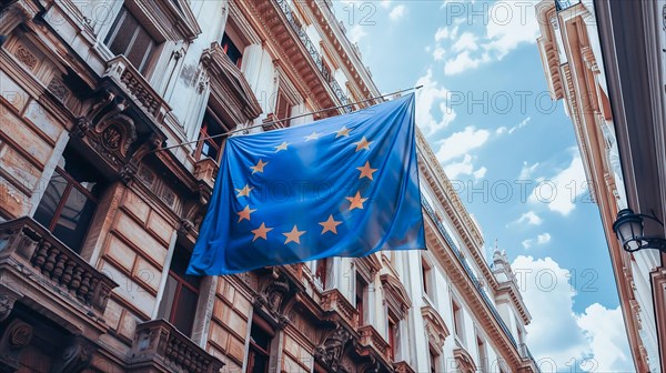 A huge European Union flag is displayed above the street. AI generated