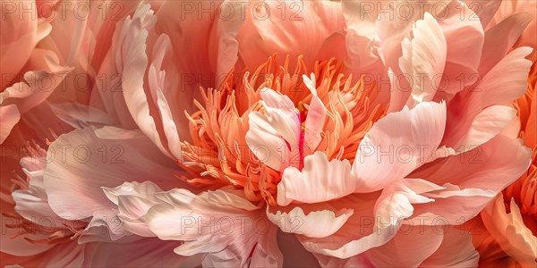 Close up of inside of peach colored peony flower, KI generiert, generiert, AI generated