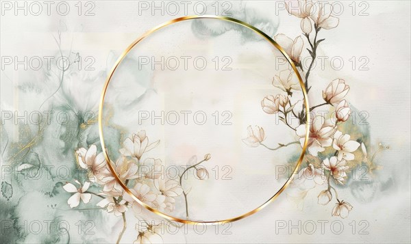 Thin golden frame on watercolor background, space for text AI generated