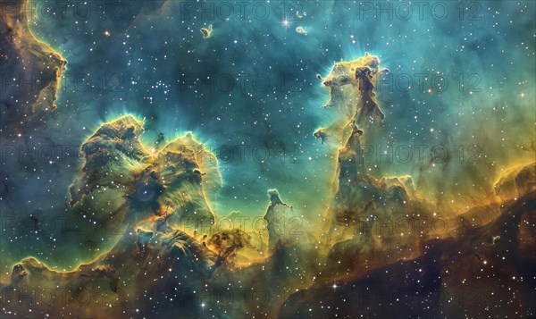A vibrant digital art piece depicting the wonder of a star-forming nebula with yellow and blue hues AI generated
