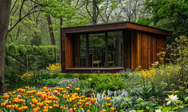 A minimalist modern wooden cabin surrounded by a variety of spring flowers and lush green foliage in a tranquil garden setting AI generated