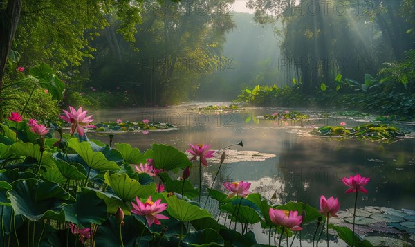 A serene pond surrounded by blooming pink lotus flowers and lush green foliage AI generated