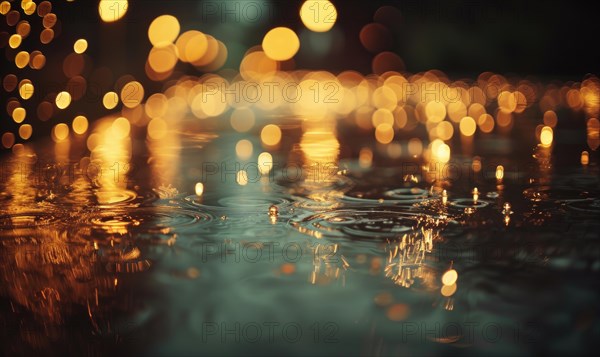 Bokeh lights reflecting off water droplets on a rainy day AI generated