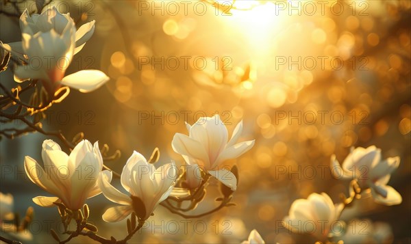 Magnolia blossoms illuminated by soft sunlight filtering through the trees AI generated