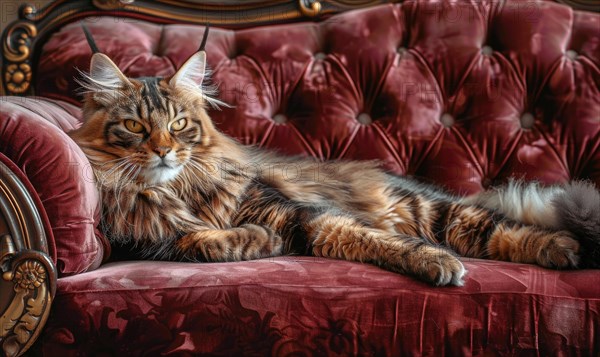 Maine Coon cat with luxurious fur reclining on a plush velvet sofa AI generated