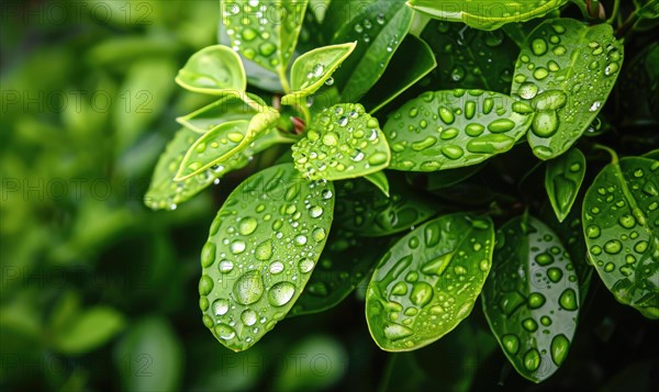 Raindrops on fresh green leaves, close up view of spring green leaves, nature background AI generated