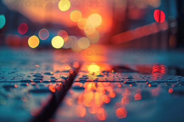 A mesmerizing view of sunset reflections on a wet urban surface, enhanced by the colorful bokeh lights in the background, AI generated