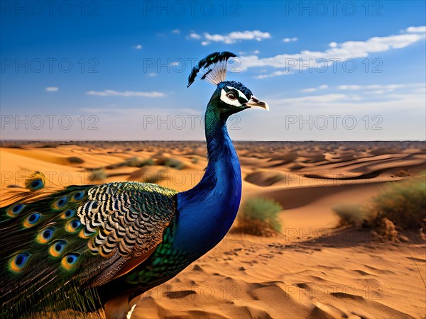 Peacock with the full display of magnificent plumage usp in each feather in the Thar desert, AI generated