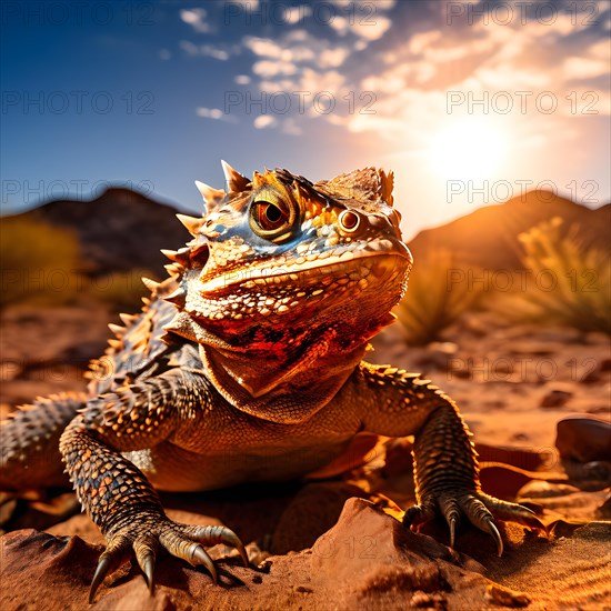 Horned lizard in perfect camouflage with the desert floor basking under the warm glow of the sonora desert, AI generated