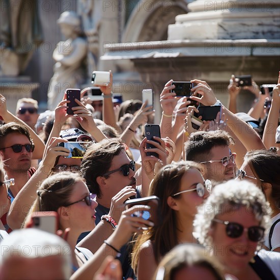 Many tourists stand close together and take selfies with their cell phones, photo quality Job ID: 2288e540-b02b-4bf7-9988-5ffce14ea7f8, KI generiert, AI generated