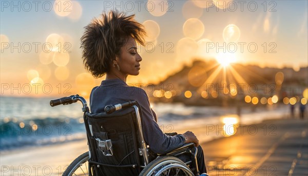 Empowered woman in a wheelchair on the beach at sunset, with the sea in the background, AI generated