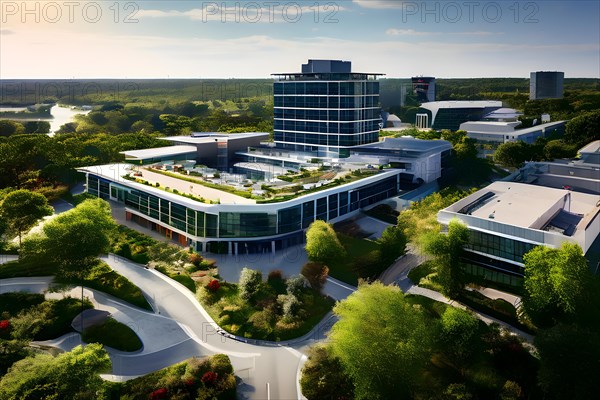 Aerial view of a modern hospitals green roof designed as a therapeutic garden, AI generated, modern, architecture