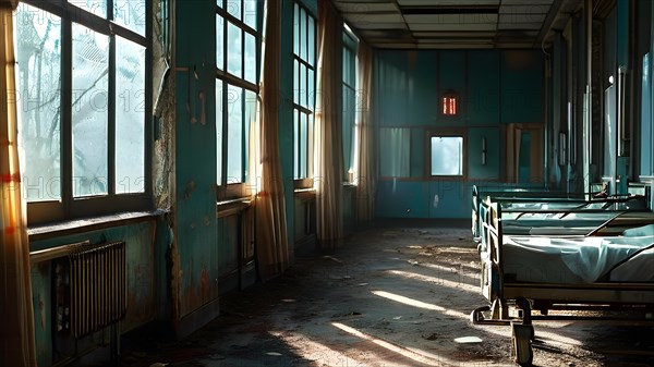 Rows of empty rusting hospital beds suspended in the melancholy, AI generated, hospital, damage, abandoned, ruin, decrepit