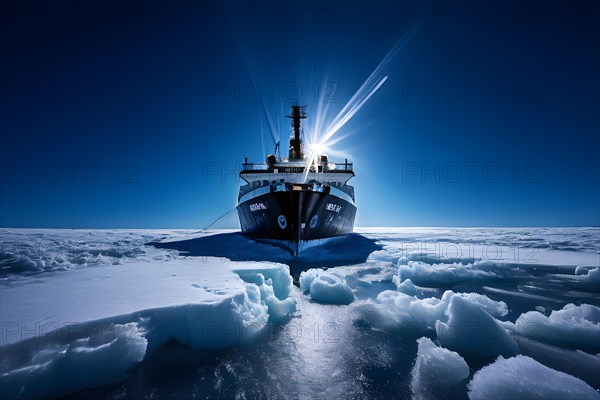 Icebreaker ship carving a path through thick ice of the polar region, AI generated