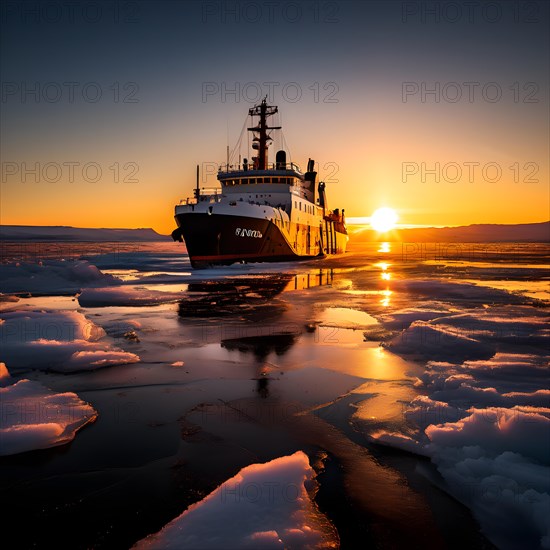 Icebreaker ship carving a path through thick ice of the polar region, AI generated