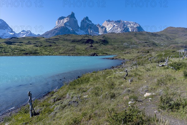 Lago Pehoe, mountain range of the Andes, Torres del Paine National Park, Parque Nacional Torres del Paine, Cordillera del Paine, Towers of the Blue Sky, Region de Magallanes y de la Antartica Chilena, Ultima Esperanza province, UNESCO biosphere reserve, Patagonia, end of the world, Chile, South America