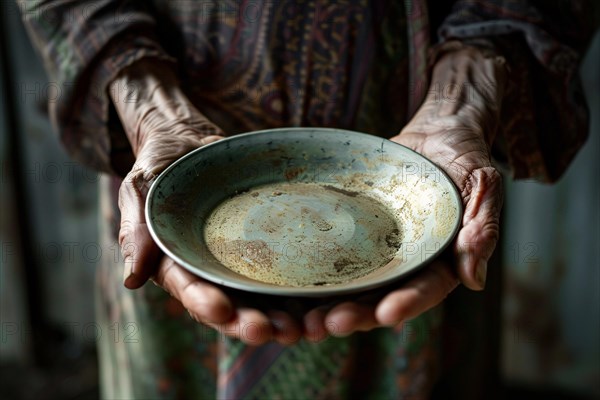 Old person's hand holding empty plate. KI generiert, generiert, AI generated