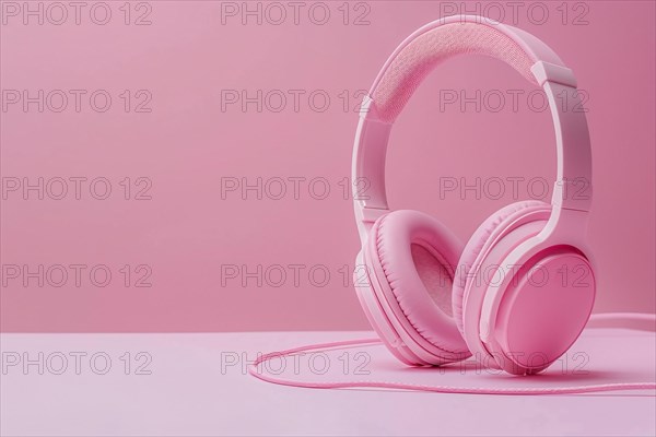 Pink headphones on pink background with copy space. KI generiert, generiert, AI generated