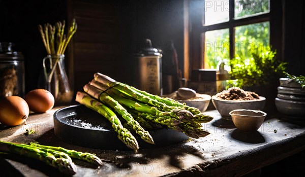 Green asparagus in a rustic farmhouse kitchen, AI generated, AI generated