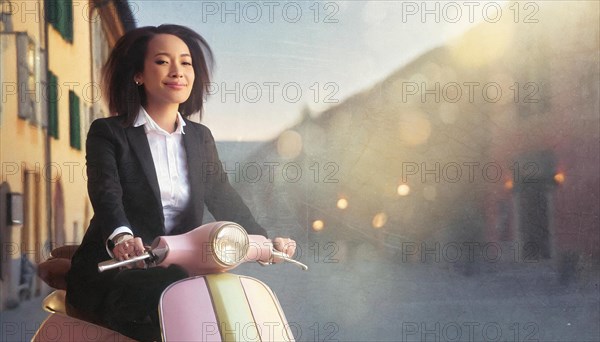 Relaxed woman on a scooter in an urban street at sunset showcasing casual elegance, blurry moody landscaped background with bokeh effect, AI generated