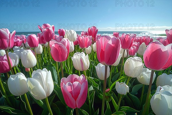 Pink and white tulips along a coastal area with the ocean in the backdrop on a sunny day, AI generated