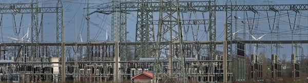 Stendal West substation with wind turbines in the background near Luederitz, panoramic photo, Stendal, Saxony-Anhalt, Germany, Europe