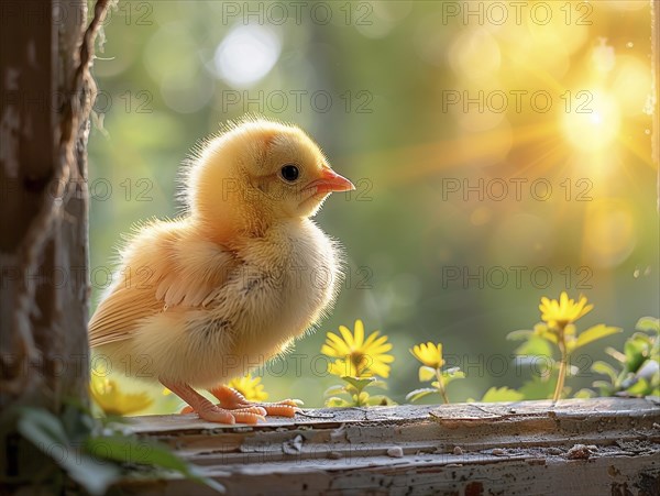 A small chick standing on wood in the soft light surrounded by dandelions, AI generiert, AI generated