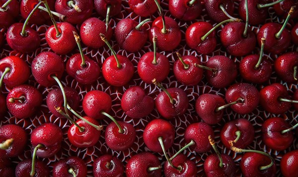 Ripe cherries arranged in an intricate pattern, rip cherries background AI generated