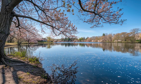 The lake in full bloom during the springtime, cherry tries blossoms near the lake in clear sunny day AI generated