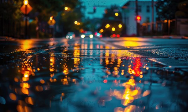 A city street illuminated by the soft glow of streetlights during a rainy evening AI generated