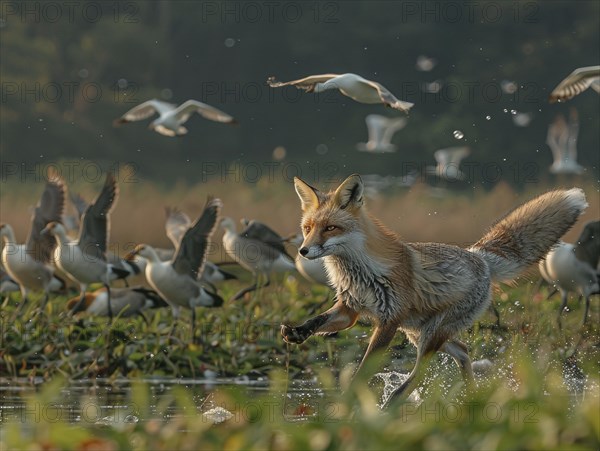 A fox sneaks through a field, surrounded by flying birds at dawn, AI generated, AI generated, AI generated