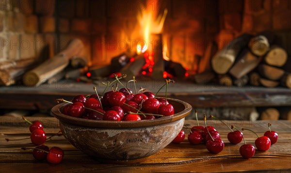 A cozy fireplace adorned with bowls of ripe cherries AI generated