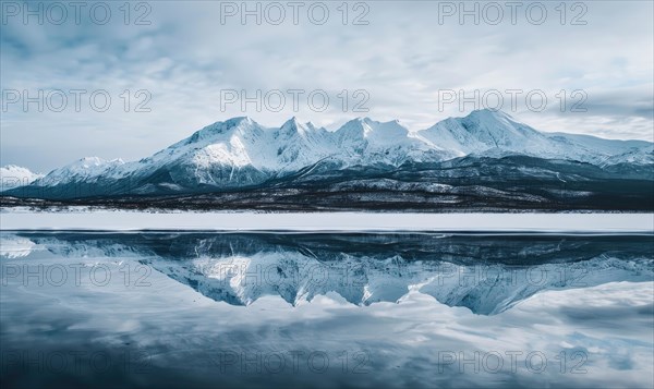 A distant view of snow-capped mountains reflected in the frozen surface of a lake AI generated