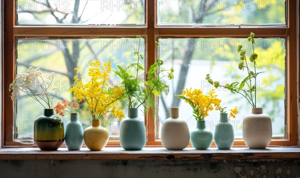 A group of vases with wildflowers displayed on a windowsill AI generated