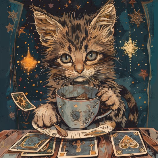 A cat is sitting on a table with a cup of tea and a deck of cards. The cat appears to be playing a game of cards, possibly tarot AI generated