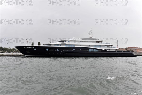 CARINTHIA VII, modern, large black luxury yacht sailing on the sea, Venice, Veneto, Italy, Europe