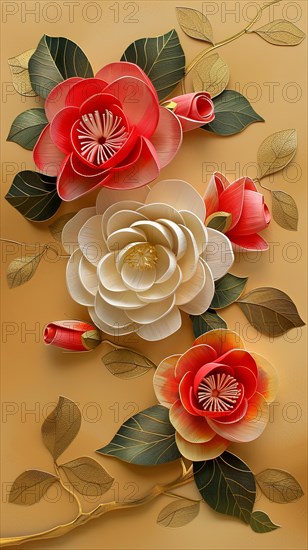 A delicate paper art floral composition with red and white blossoms on a golden textured backdrop, ai generated, AI generated