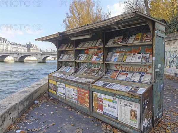 Zeitschriftenkiosk am Stadtufer mit einer Bruecke im Hintergrund an einem Herbsttag, Lifestyle in Paris, Frankreich, AI generiert, AI generated