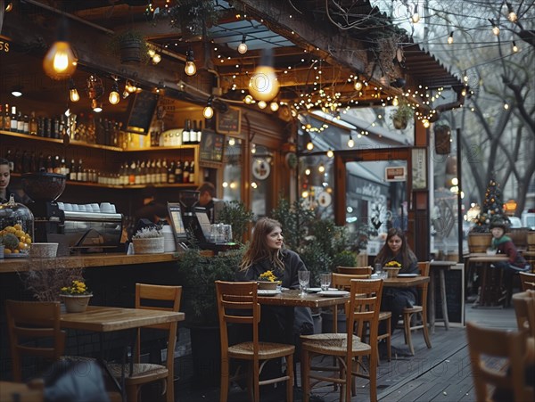 Eine Frau sitzt allein an einem Tisch auf einer gemuetlich beleuchteten Cafeterrasse am Abend, Lifestyle in Paris, Frankreich, AI generiert, AI generated