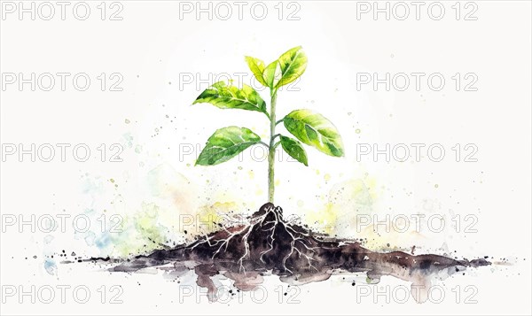 Watercolor illustration of a tree sprout with tiny roots on white background AI generated