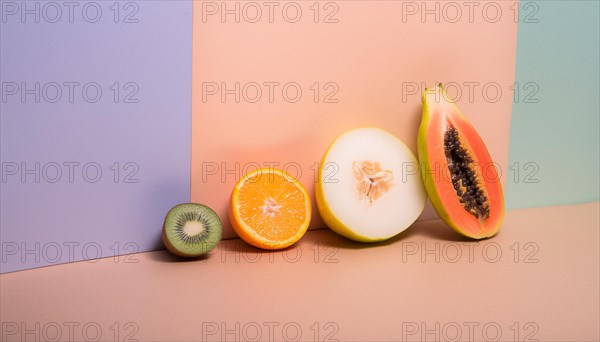 Halved kiwi, orange, and avocado against a pastel pink background in a minimalist style, horizontal, AI generated