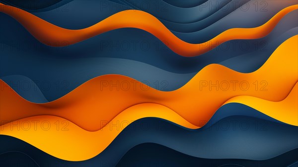 Modern abstract graphic design with a 3D effect of wavy cut-out layers in orange and blue, ai generated, AI generated