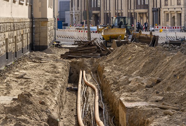 Construction site at the tram track bed in Berlin-Mitte, Germany, Europe