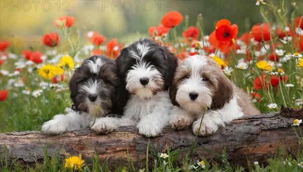 KI generated, animal, animals, mammal, mammals, one, single animal, bobtail, (Canis lupus familiaris), dog, dogs, bitch, dog breed from England, three young animals lying on a log in a meadow